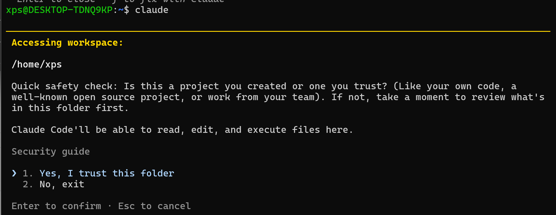 Claude Code 첫 실행 시 나타나는 폴더 신뢰 확인 화면 — "Yes, I trust this folder" 선택