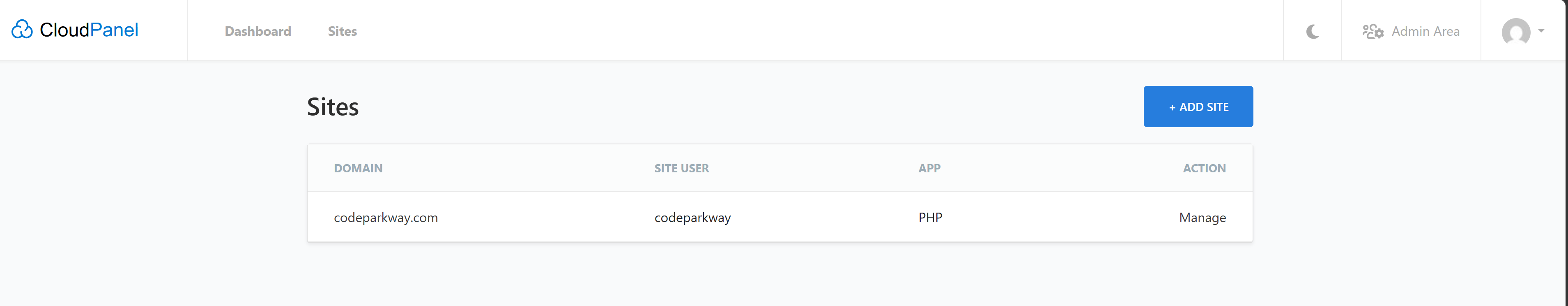CloudPanel에 codeparkway.com 사이트가 추가된 화면
